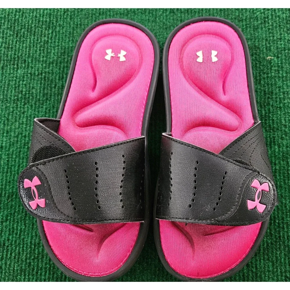 Under Armour Pink Black Slide Sandals Youth Size 2.5 Athletic‎ Comfort Sporty